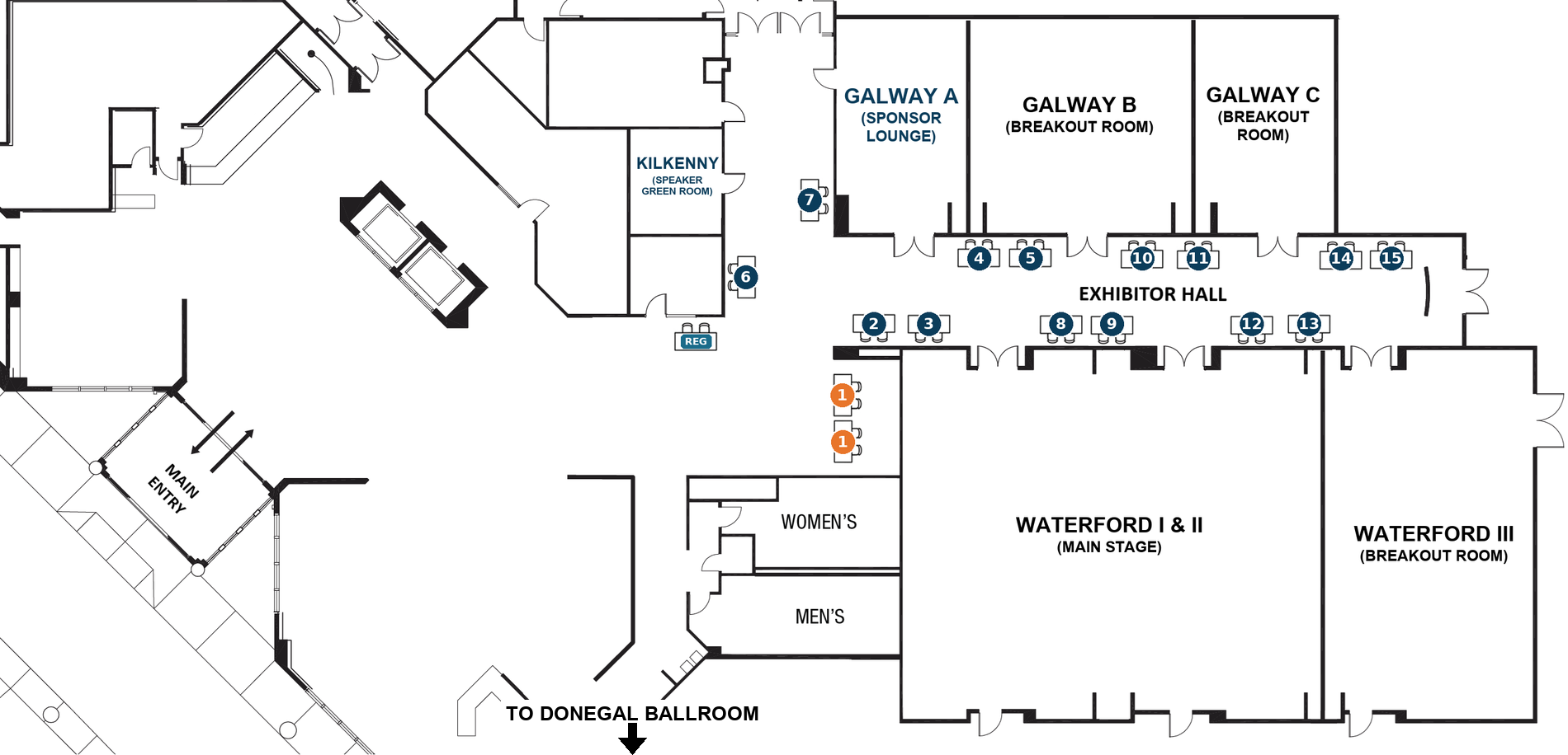 Headwaters Rewards Conference venue floor map showing the main stage, breakout rooms, exhibitor hall, and registration area
